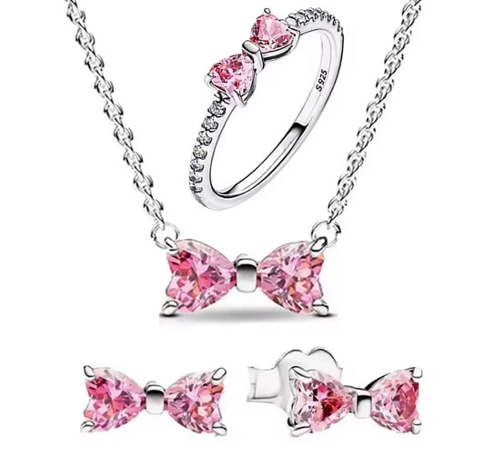 Love in Pink – 925 Silver Heart Bow Jewelry Set (Necklace, Earrings & Ring)