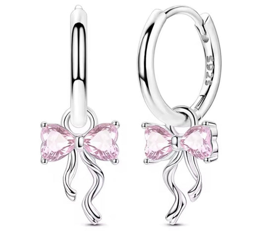 925 Sterling Silver Pink Bow Ribbon Hoop Earrings – Dangle Design with Heart-Cut Zirconia