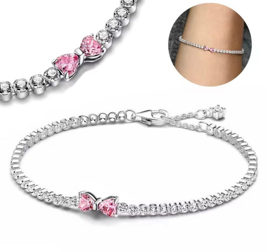 925 Sterling Silver Diamond Tennis Bracelet with Pink Bow Charm (17–20CM Adjustable)