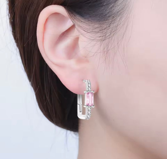 Elegant S925 Sterling Silver Hoop Earrings – Blue or Pink Zircon Crystal