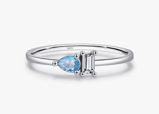 MODIAN 925 Sterling Silver Blue Water Drop & Rectangle CZ Ring – Elegant Minimalist Design