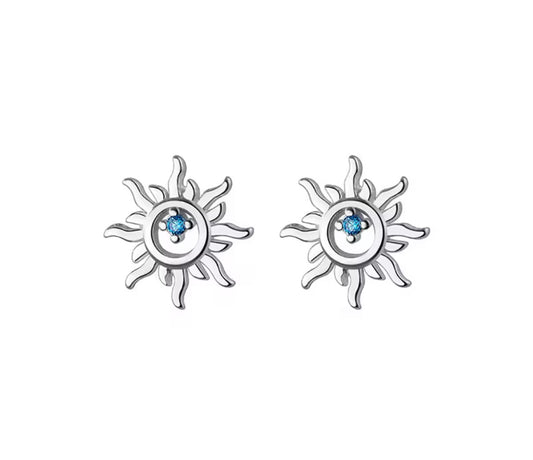 925 Sterling Silver Sun Stud Earrings with Blue Zircon – Hypoallergenic Minimalist Jewelry for Women