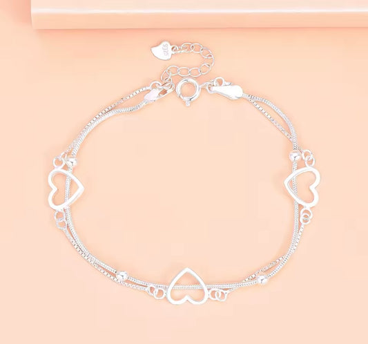 925 Sterling Silver Heart Chain Bracelet – Vintage Couple Style Women’s Jewelry